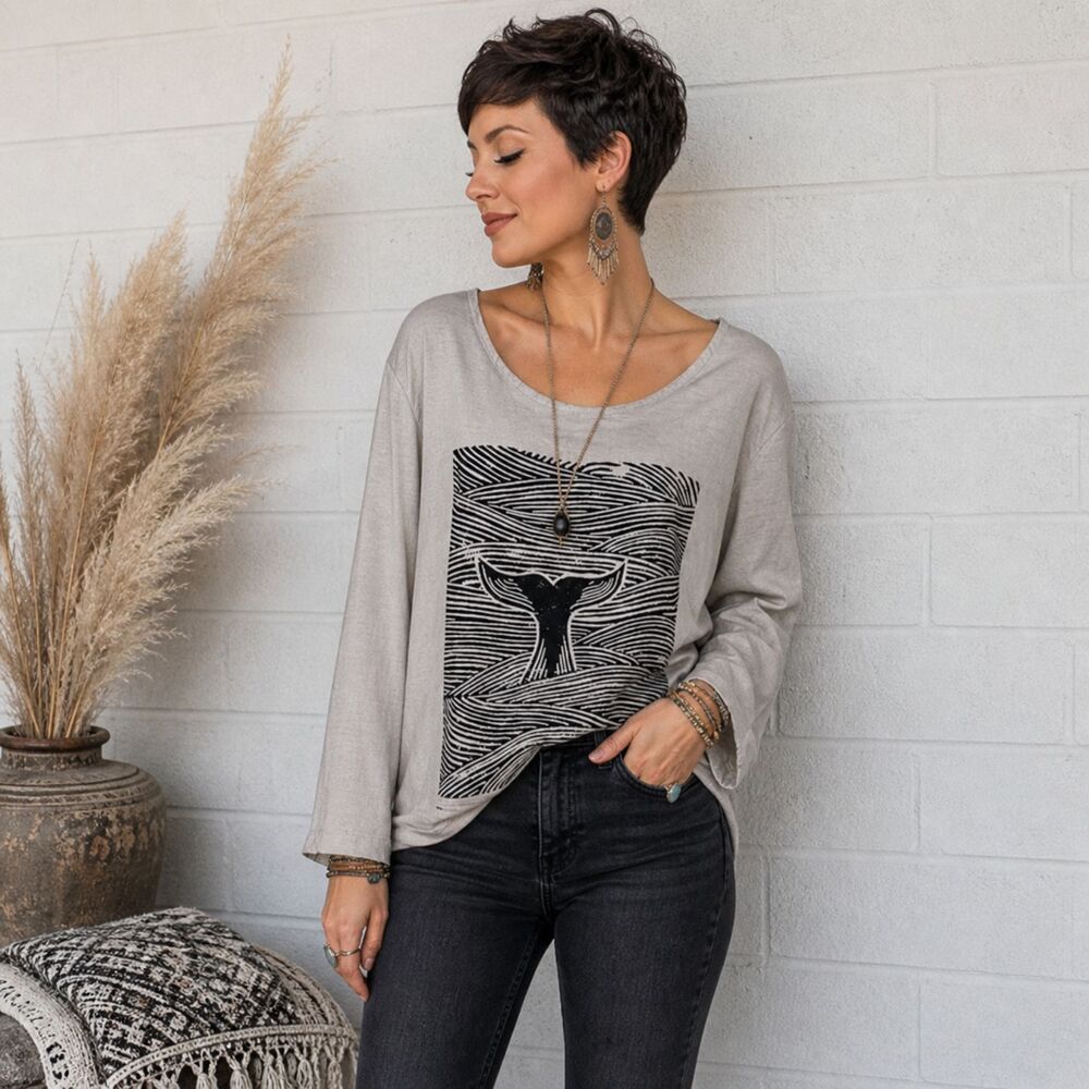 Gray Whale Tail Japanese Line Drawing Scoop Neck Rayon Tunic Top One Size